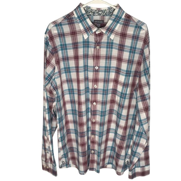 Van Heusen Dress Shirt Men XLT 17-17 1/2 Teal White Plaid Easter Button Down - Picture 1 of 11